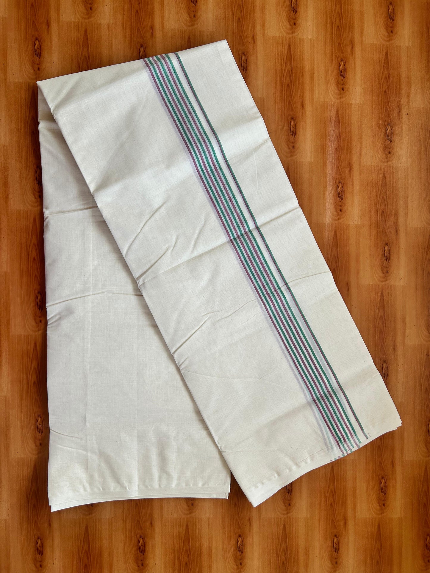 Double Off white Mundu/Dhoti - 20% Discount! KaithariKada - 100% Cotton 100x80 - 1.25 inch Green & Wine Purple Shaded Striped Kara 4 mtr (8.5 muzham) - 5 KK5477 ASH