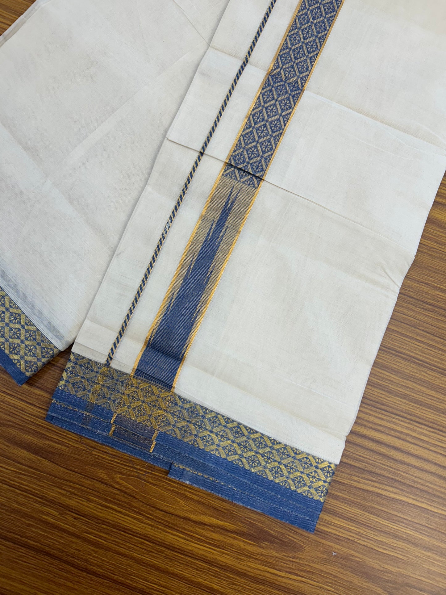20% Discount ! KaithariKada Balaramapuram 100% Pure Cotton Double Off White (Unbleached) Mundu/Dhoti - 100x80 - 1.25 inch Puliyilakkara Gold Kasav & Blue Jacquard Design Chutty kara (8.5 Muzham) - 11 KK5327 CJT