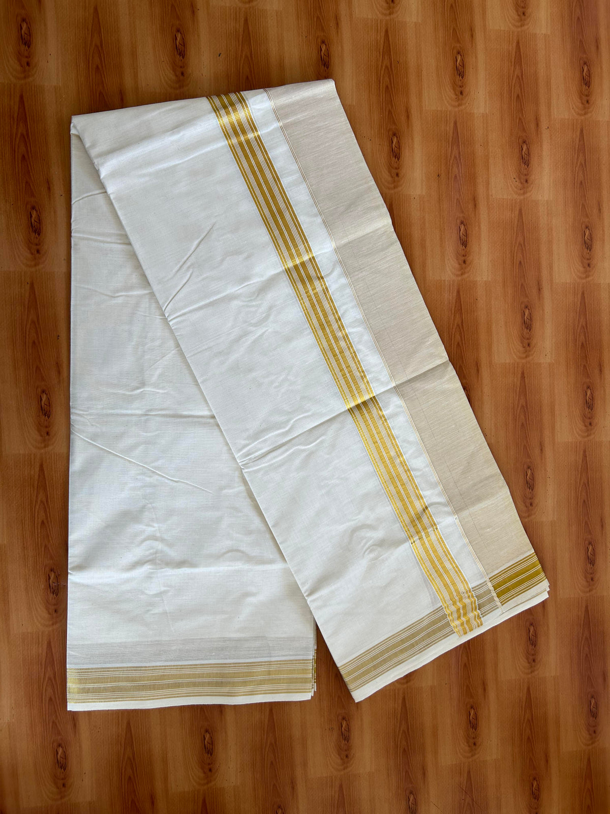 Double Off White Dhoti/Mund - 20% Discount! Kaitharikada Pulimood - Pure Cotton (60s) - 7.25 Inch Gold Kasav Tissue Striped Kara 4 mtr (8.5 muzham) - 12 KK5543 GAN
