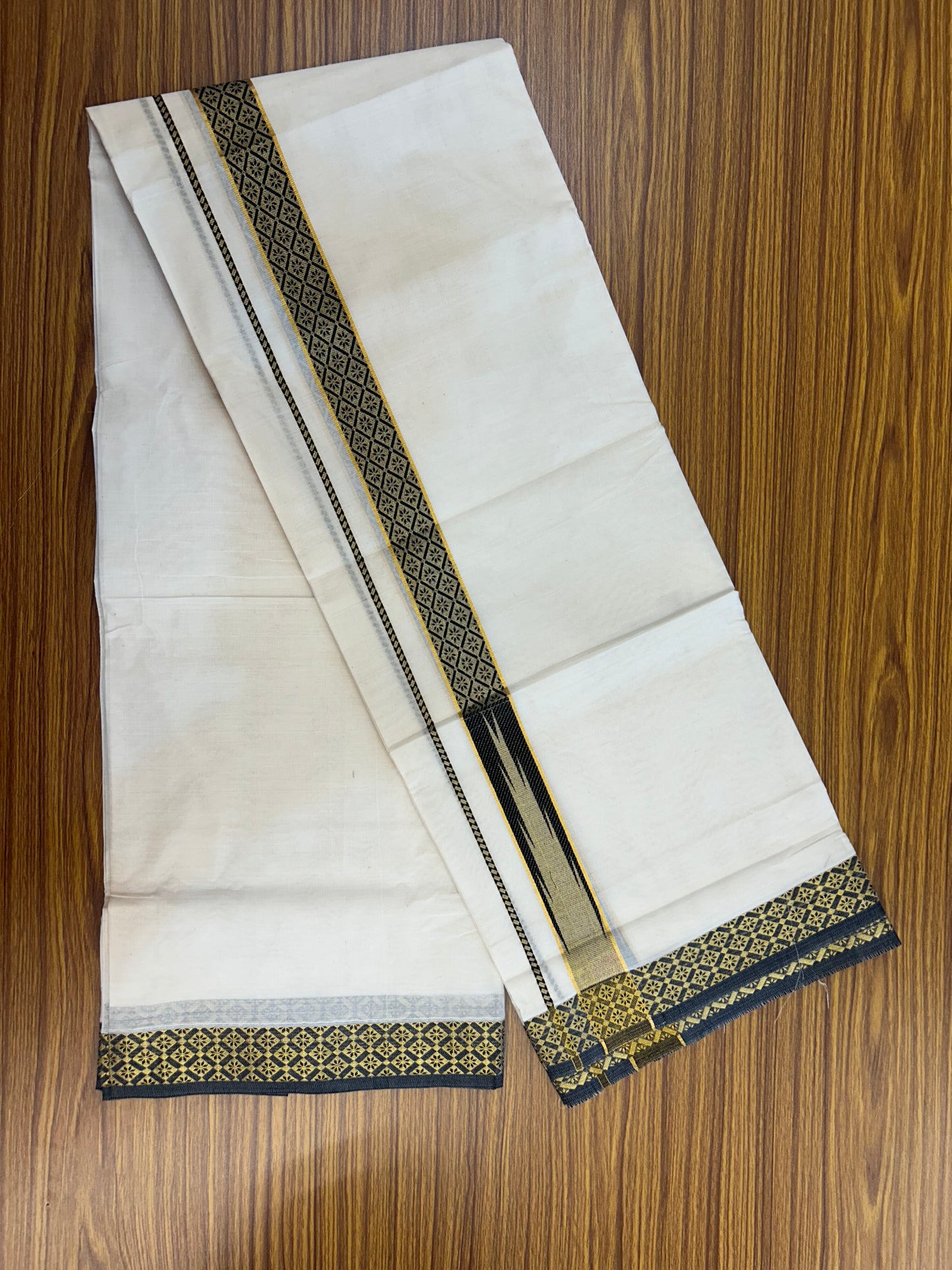 20% Discount ! KaithariKada Balaramapuram 100% Pure Cotton Double Off White (Unbleached) Mundu/Dhoti - 100x80 - 1.25 inch Puliyilakkara Gold Kasav & Black Jacquard Design Chutty kara (8.5 Muzham) - 10 KK5327 CJT