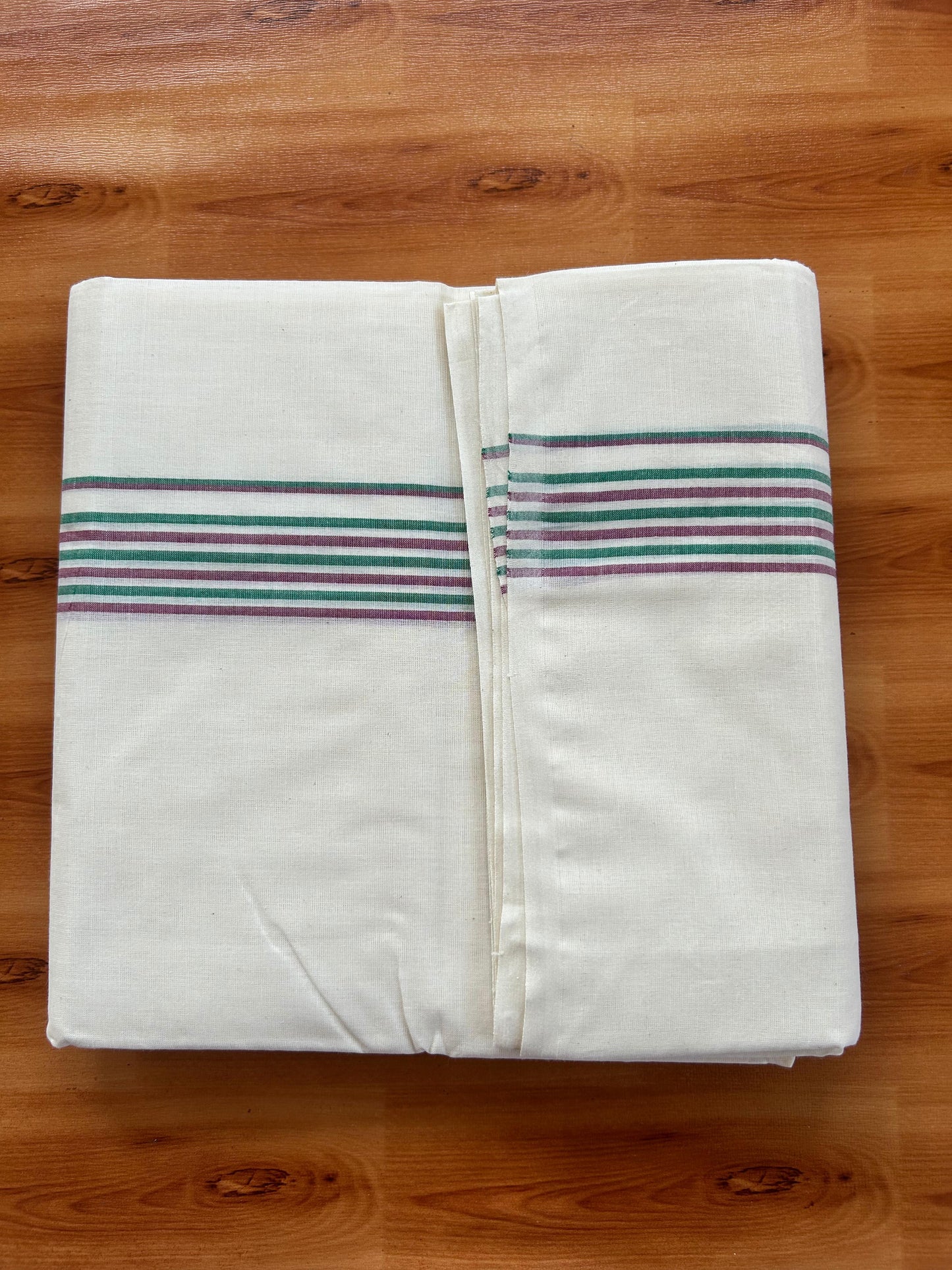 Double Off white Mundu/Dhoti - 20% Discount! KaithariKada - 100% Cotton 100x80 - 1.25 inch Green & Wine Purple Shaded Striped Kara 4 mtr (8.5 muzham) - 5 KK5477 ASH