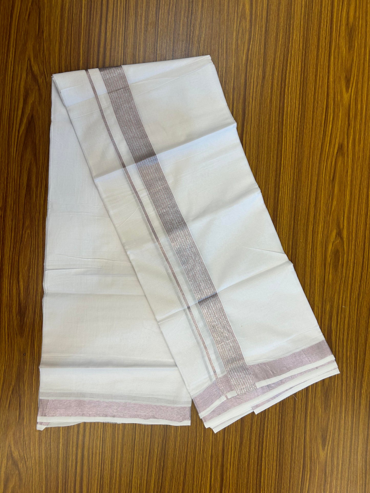20% Discount! KaithariKada Balaramapuram 100% Cotton Double Pure white Mundu/Dhoti- 100X80 - 1.5 inch Silver Kasav & Rose Pink kasav Stripes Kara - Between3.80-3.95m (8 muzham) - 8 KK5355 CKS