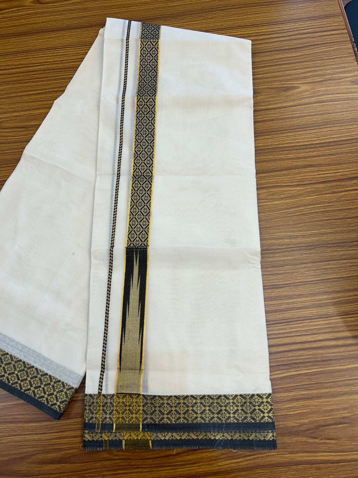 20% Discount ! KaithariKada Balaramapuram 100% Pure Cotton Double Off White (Unbleached) Mundu/Dhoti - 100x80 - 1.25 inch Puliyilakkara Gold Kasav & Black Jacquard Design Chutty kara (8.5 Muzham) - 10 KK5327 CJT