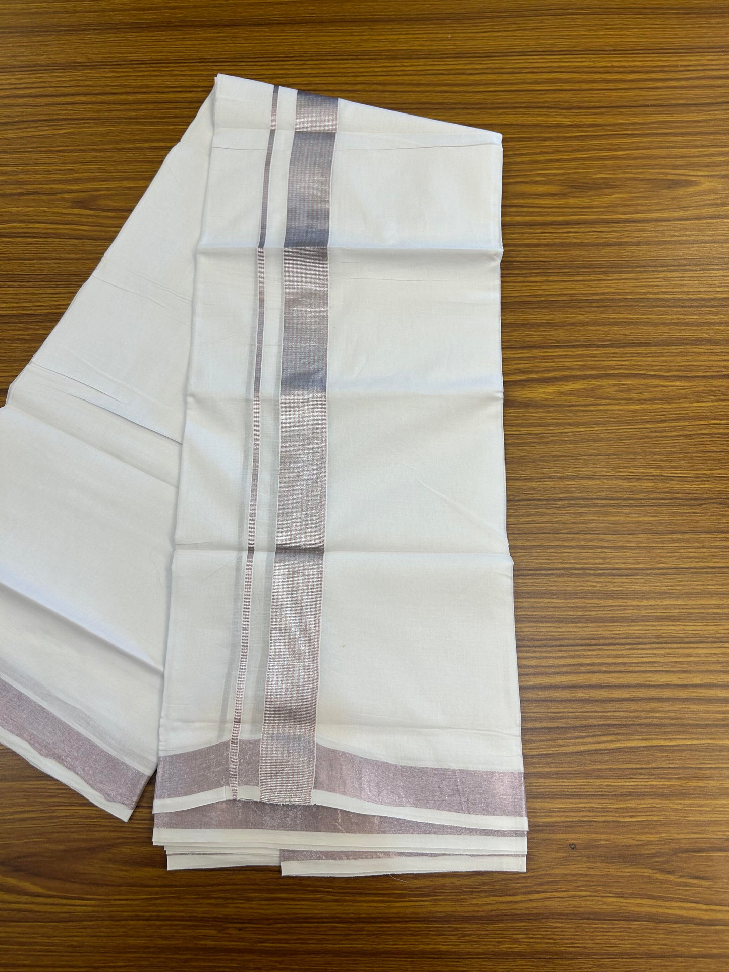 20% Discount! KaithariKada Balaramapuram 100% Cotton Double Pure white Mundu/Dhoti- 100X80 - 1.5 inch Silver Kasav & Rose Pink kasav Stripes Kara - Between3.80-3.95m (8 muzham) - 8 KK5355 CKS