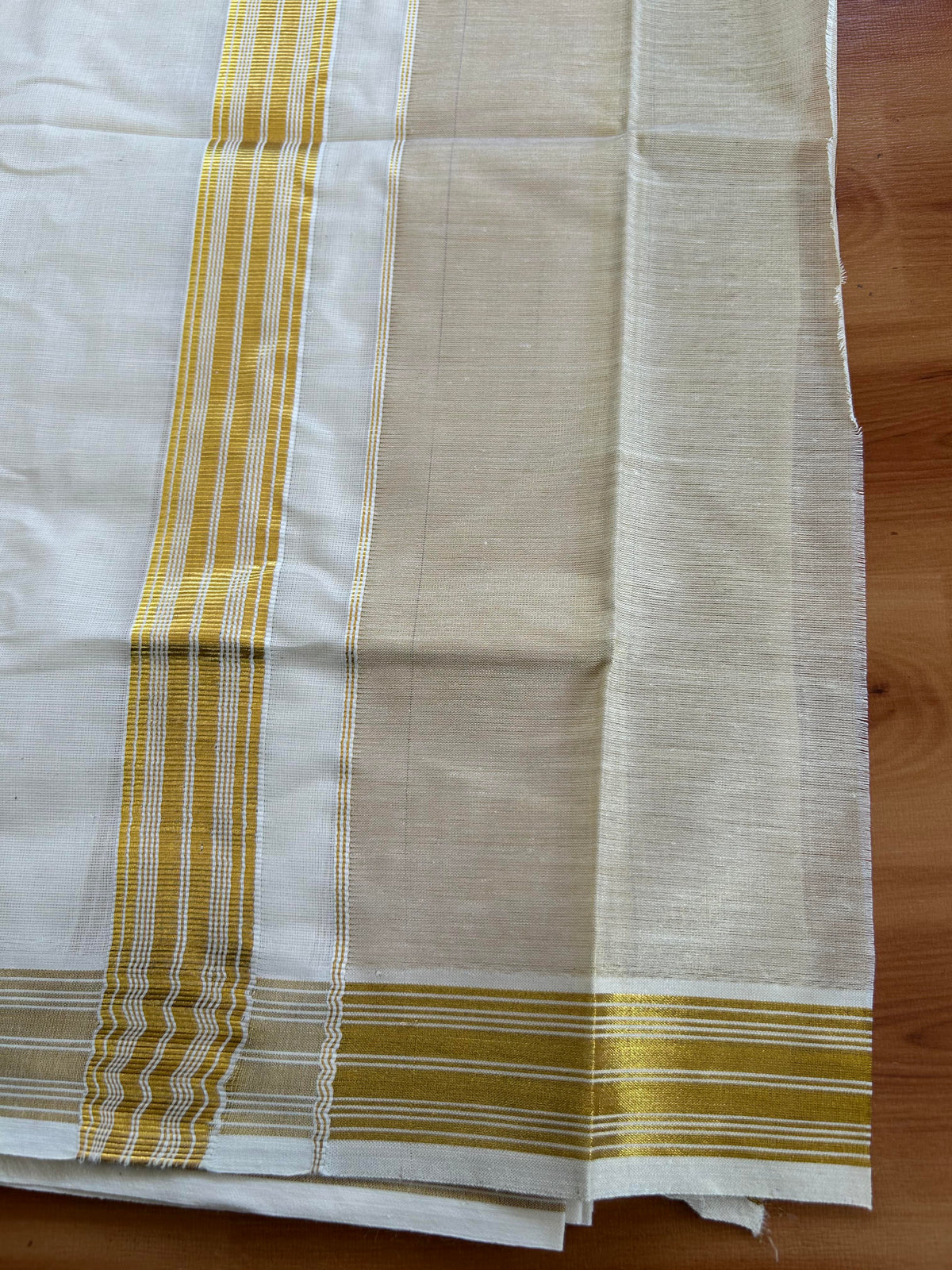 Double Off White Dhoti/Mund - 20% Discount! Kaitharikada Pulimood - Pure Cotton (60s) - 7.25 Inch Gold Kasav Tissue Striped Kara 4 mtr (8.5 muzham) - 12 KK5543 GAN