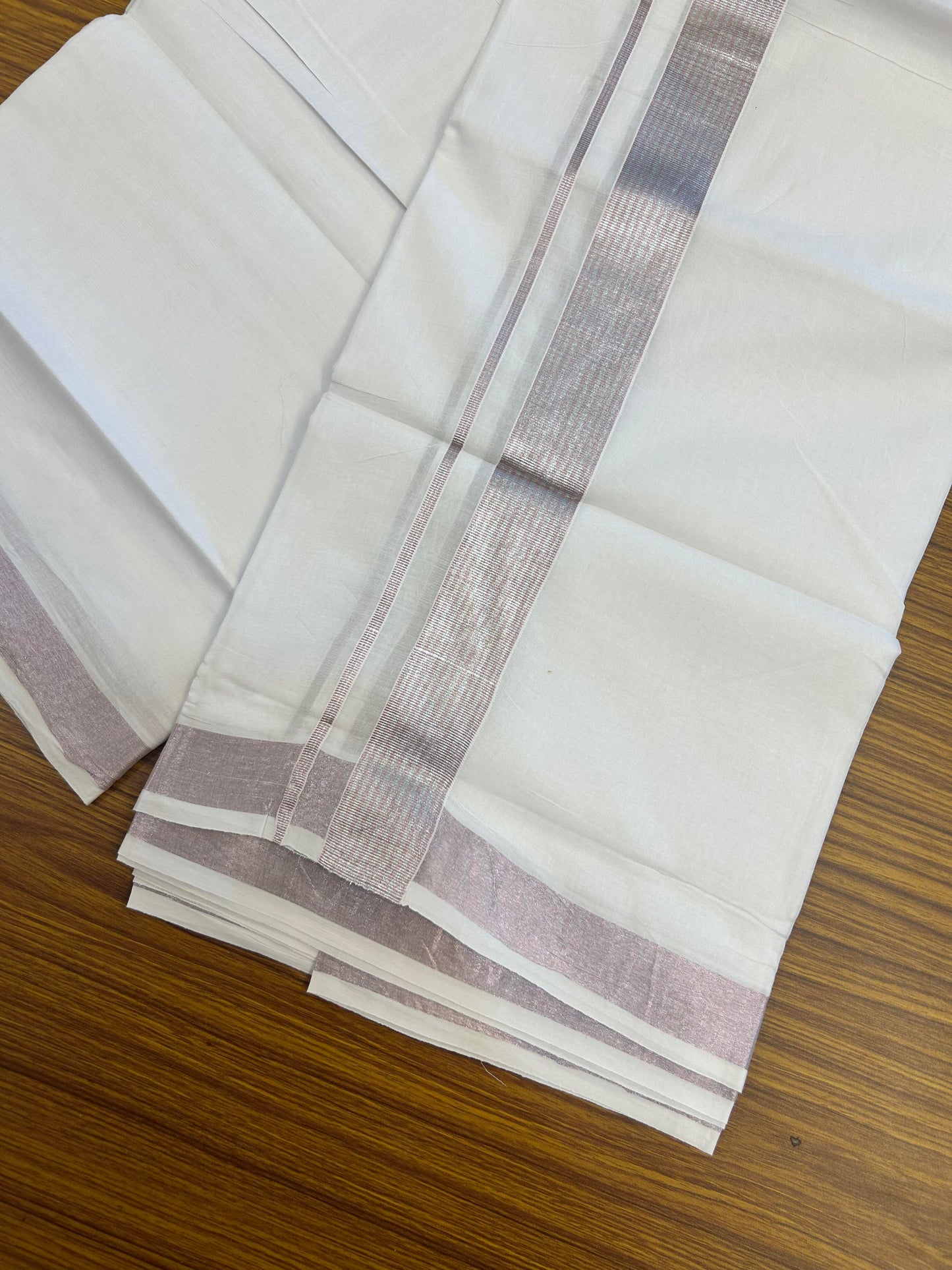 20% Discount! KaithariKada Balaramapuram 100% Cotton Double Pure white Mundu/Dhoti- 100X80 - 1.5 inch Silver Kasav & Rose Pink kasav Stripes Kara - Between3.80-3.95m (8 muzham) - 8 KK5355 CKS