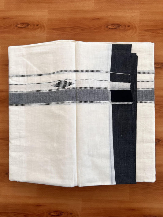 Double Off White  Mundu/Dhoti- 20% Discount! KaithariKada Balaramapuram Pure Cotton - 100x80 - 1.5 inch Silver Kasav & Black Shaded Design Striped Kara - 4mtr (8.5muzham) - 18 KK5428 VAS
