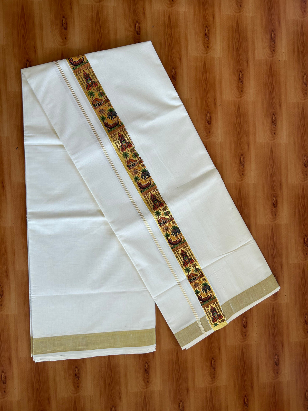 Double Off White - (Unbleached) Mundu/Dhoti- 20% Discount!! KaithariKada Balaramapuram 100% Cotton 60s - 1.5 inch Gold Kasav with Multi Printed Design Kara - 14 KK5543 GAN