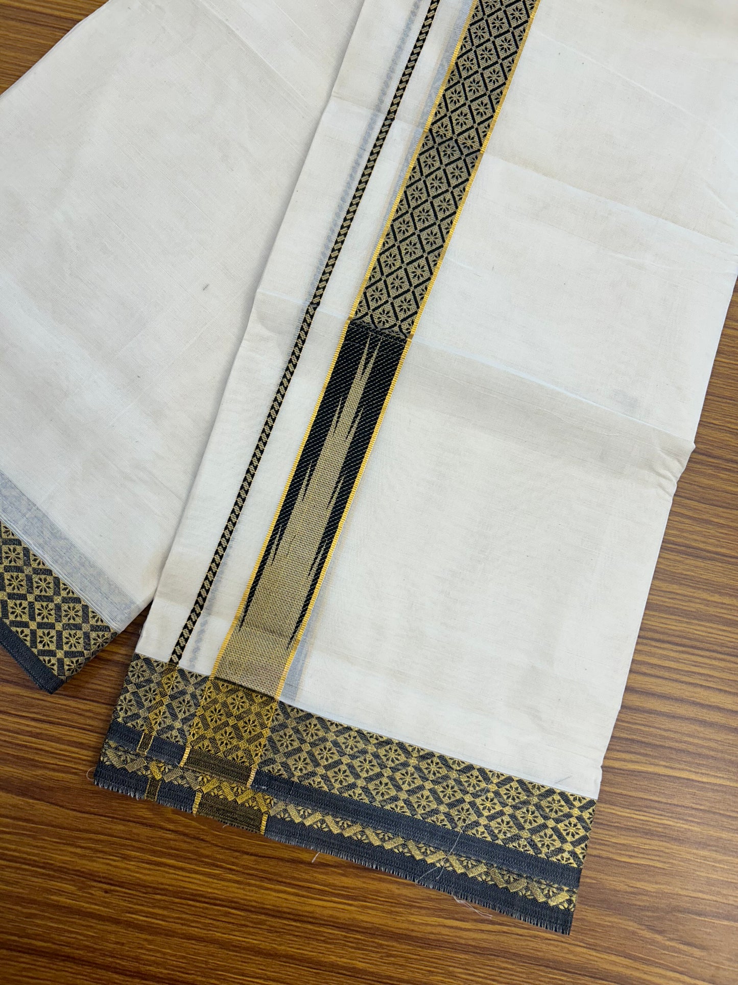20% Discount ! KaithariKada Balaramapuram 100% Pure Cotton Double Off White (Unbleached) Mundu/Dhoti - 100x80 - 1.25 inch Puliyilakkara Gold Kasav & Black Jacquard Design Chutty kara (8.5 Muzham) - 10 KK5327 CJT