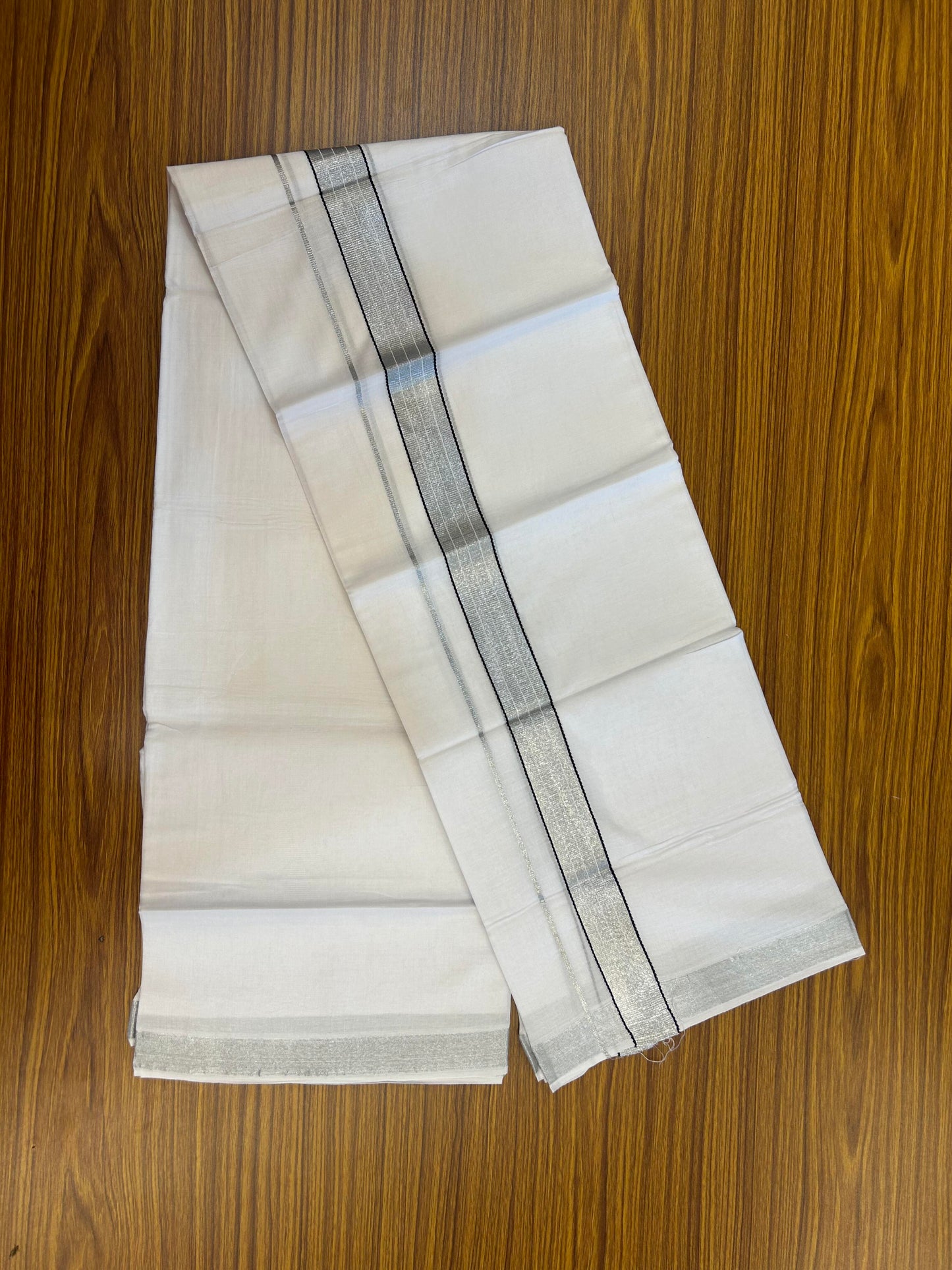 20% Discount! KaithariKada Balaramapuram 100% Cotton Double Pure white Mundu/Dhoti- 80s - 1.25 inch Silver Kasav & Black Kara - Between3.80-3.95m ( 8 muzham) - 6 KK5355 CKS