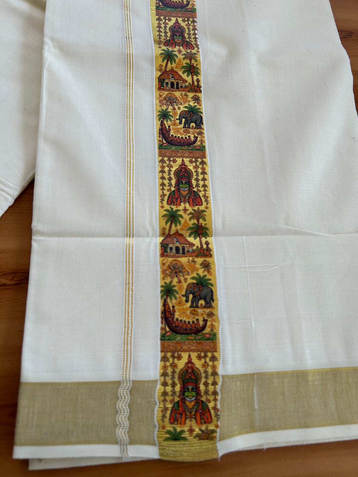 Double Off White - (Unbleached) Mundu/Dhoti- 20% Discount!! KaithariKada Balaramapuram 100% Cotton 60s - 1.5 inch Gold Kasav with Multi Printed Design Kara - 14 KK5543 GAN