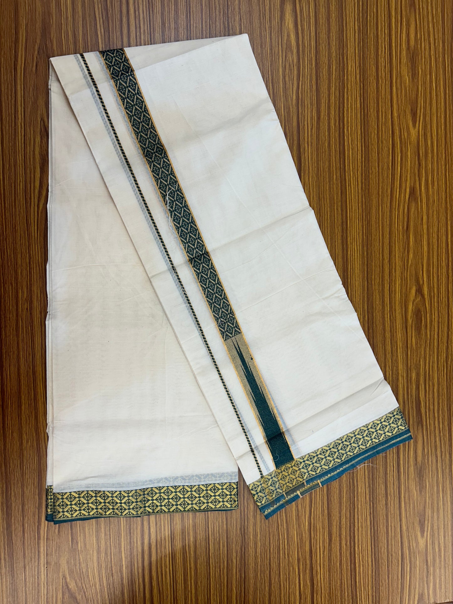 20% Discount ! KaithariKada Balaramapuram 100% Pure Cotton Double Off White (Unbleached) Mundu/Dhoti - 100x80 - 1.25 inch Puliyilakkara Gold Kasav & Peacock Green Jacquard Design Chutty kara (8.5 Muzham) - 15 KK5327 CJT