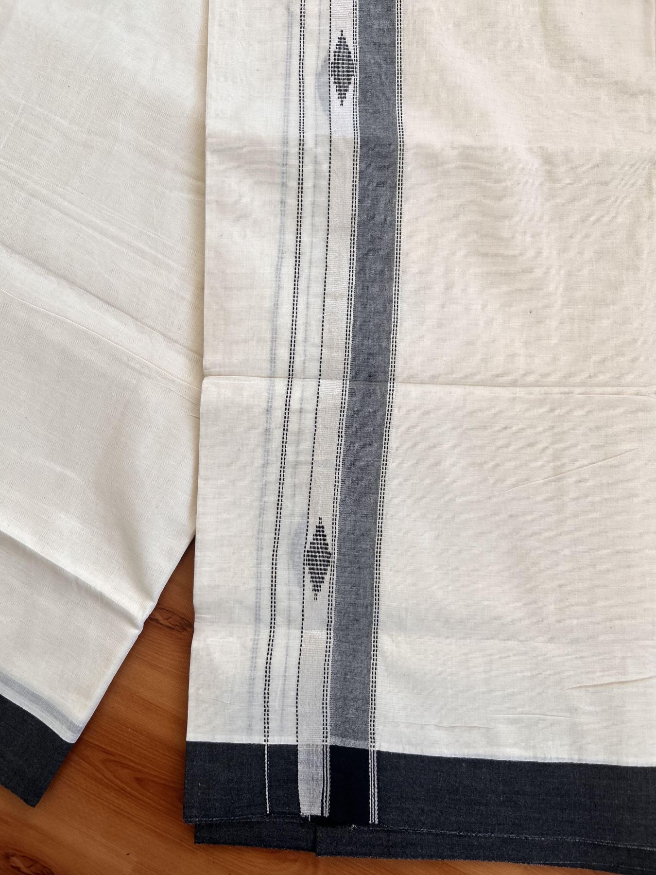Double Off White  Mundu/Dhoti- 20% Discount! KaithariKada Balaramapuram Pure Cotton - 100x80 - 1.5 inch Silver Kasav & Black Shaded Design Striped Kara - 4mtr (8.5muzham) - 18 KK5428 VAS