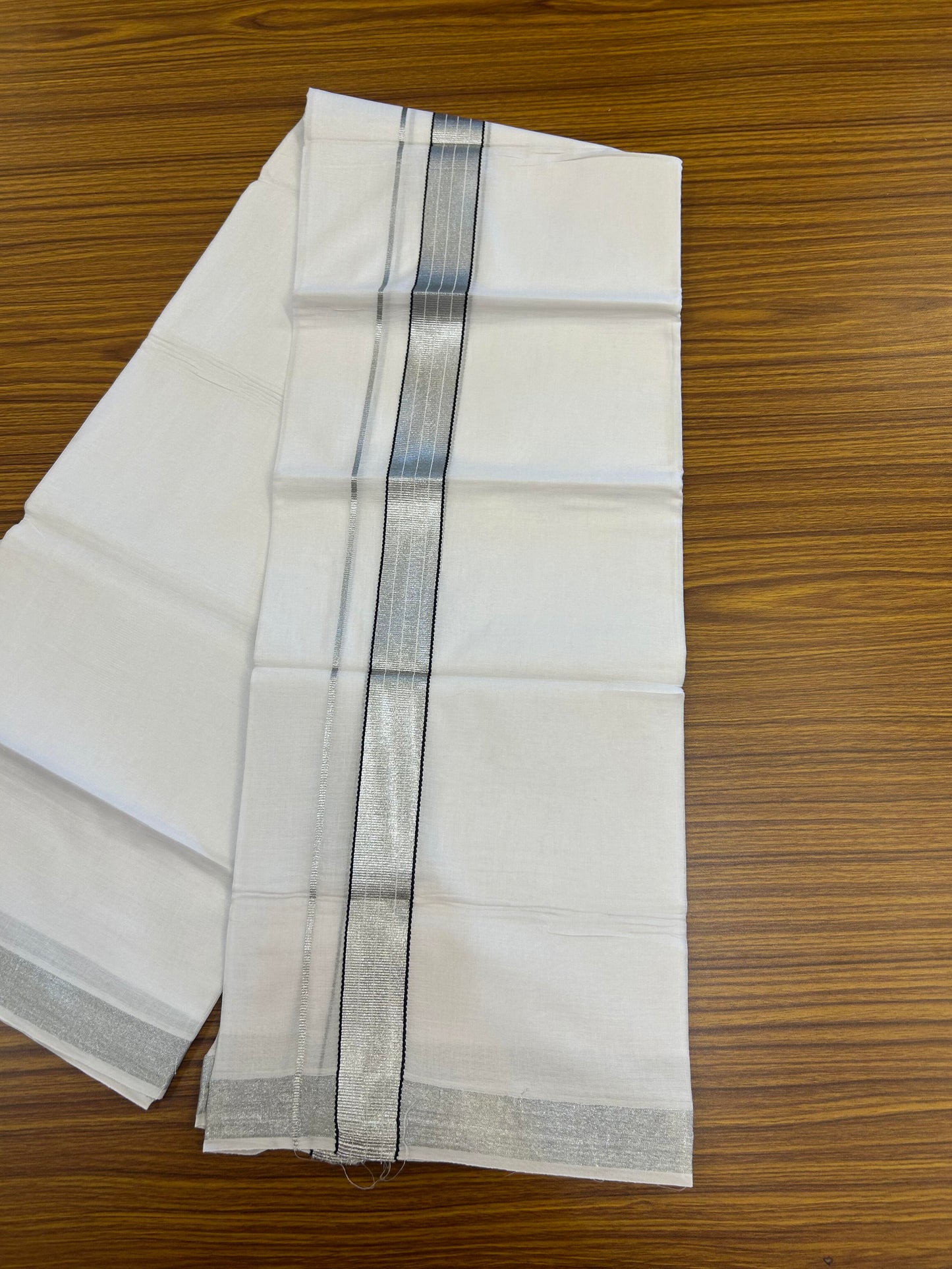 20% Discount! KaithariKada Balaramapuram 100% Cotton Double Pure white Mundu/Dhoti- 80s - 1.25 inch Silver Kasav & Black Kara - Between3.80-3.95m ( 8 muzham) - 6 KK5355 CKS
