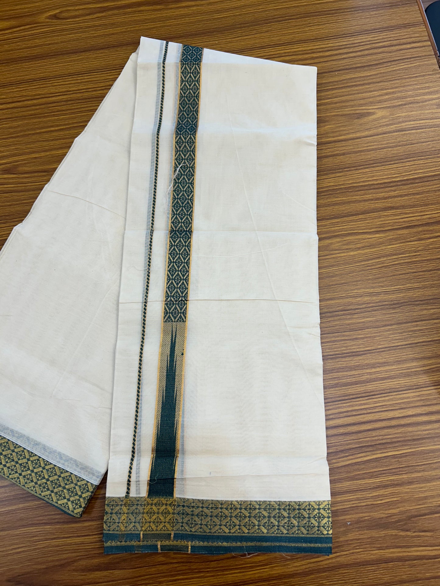 20% Discount ! KaithariKada Balaramapuram 100% Pure Cotton Double Off White (Unbleached) Mundu/Dhoti - 100x80 - 1.25 inch Puliyilakkara Gold Kasav & Peacock Green Jacquard Design Chutty kara (8.5 Muzham) - 15 KK5327 CJT