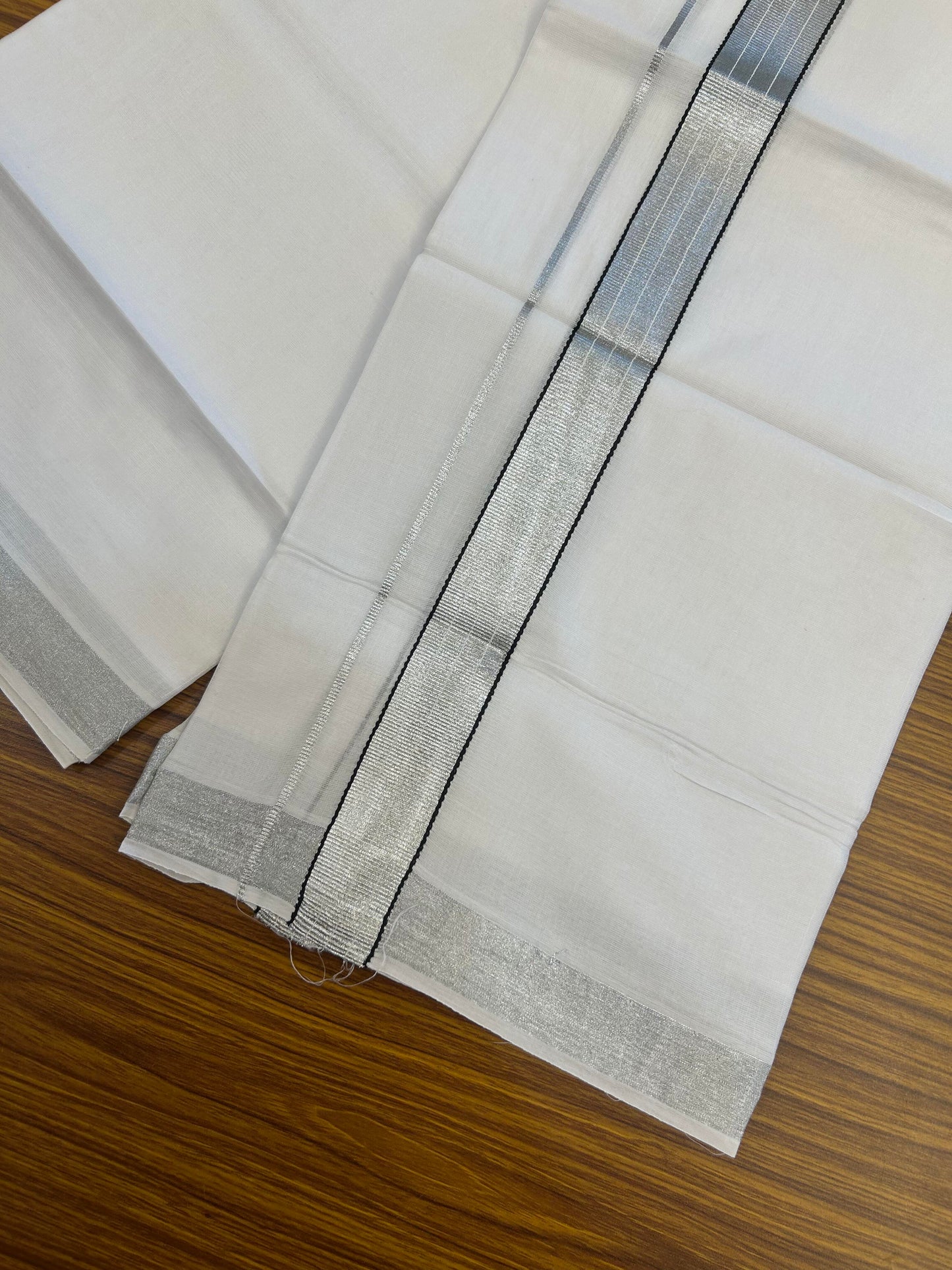 20% Discount! KaithariKada Balaramapuram 100% Cotton Double Pure white Mundu/Dhoti- 80s - 1.25 inch Silver Kasav & Black Kara - Between3.80-3.95m ( 8 muzham) - 6 KK5355 CKS