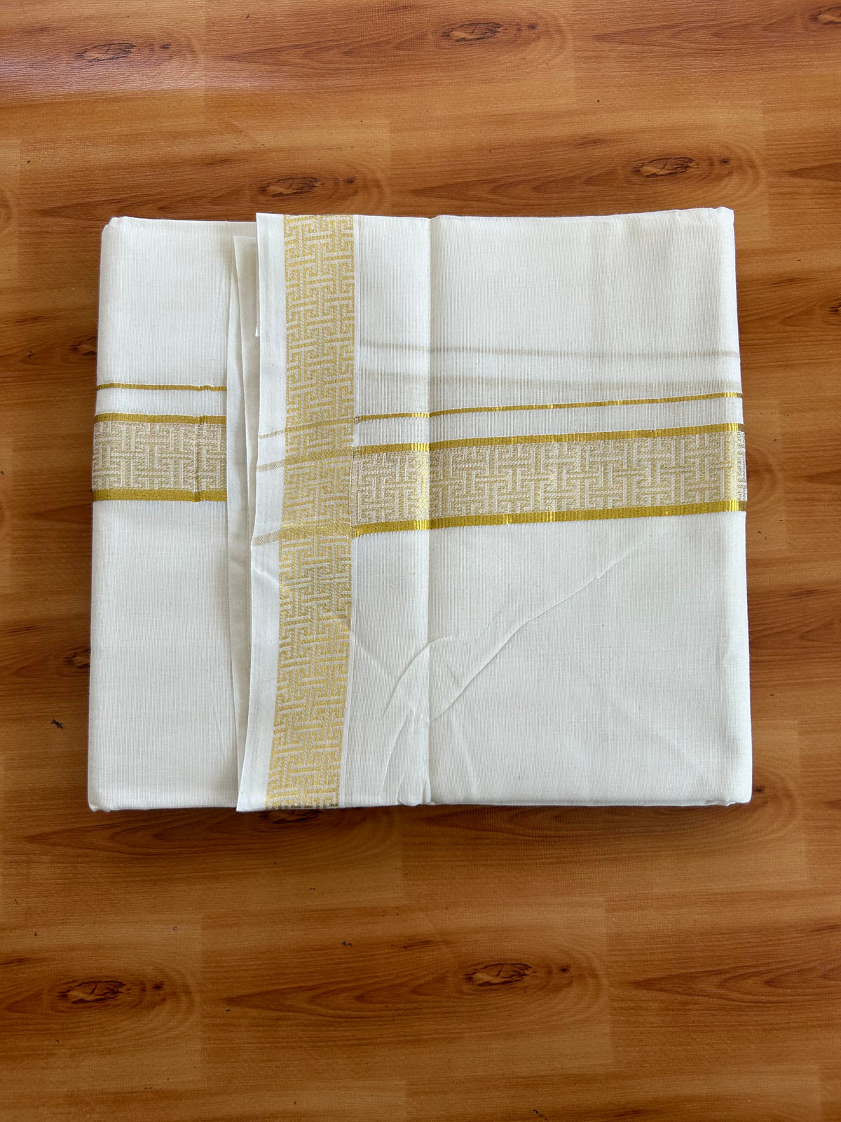 Double Off White (Unbleached) Mund/Dhoti - 20% Discount! KaithariKada Pulimood - Pure Cotton - 80s - 1.5 inch Gold Kasav Jacquard Design Kara 4 mtr (8.5 Muzham) - 9 KK5543 GAN