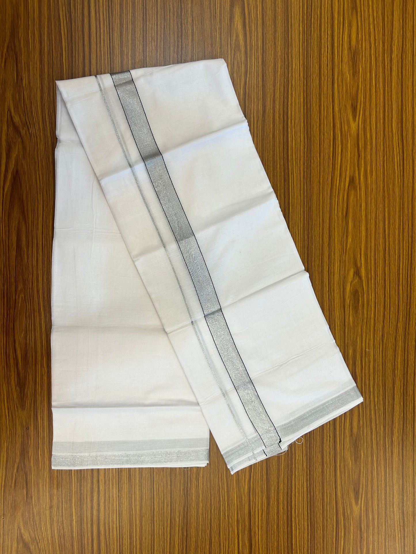 20% Discount! KaithariKada Balaramapuram 100% Cotton Double Pure white Mundu/Dhoti- 80s - 1 inch Silver Kasav & Black Kara - Between3.80-3.95m ( 8 muzham) - 5 KK5355 CKS