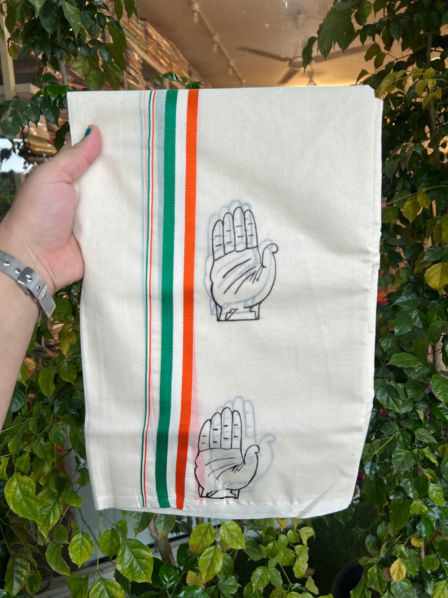 Congress Veshti - KaithariKada Balaramapuram 100% Cotton Double Off white - (Unbleached) Mundu/Dhoti-100x80 - 1 inch Hand Painted Orange White & Green Kaipathi Design Kara 3.75 mtr (8.04 muzham) - 2 KK5326 ASH