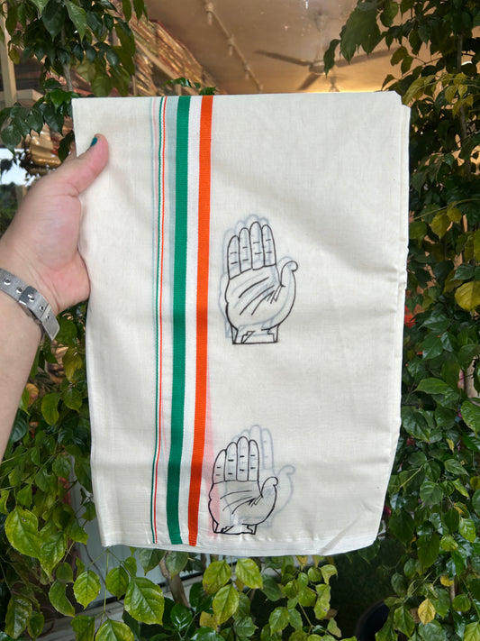 Congress Veshti - KaithariKada Balaramapuram 100% Cotton Double Off white - (Unbleached) Mundu/Dhoti-100x80 - 1 inch Hand Painted Orange White & Green Kaipathi Design Kara 3.75 mtr (8.04 muzham) - 2 KK5326 ASH