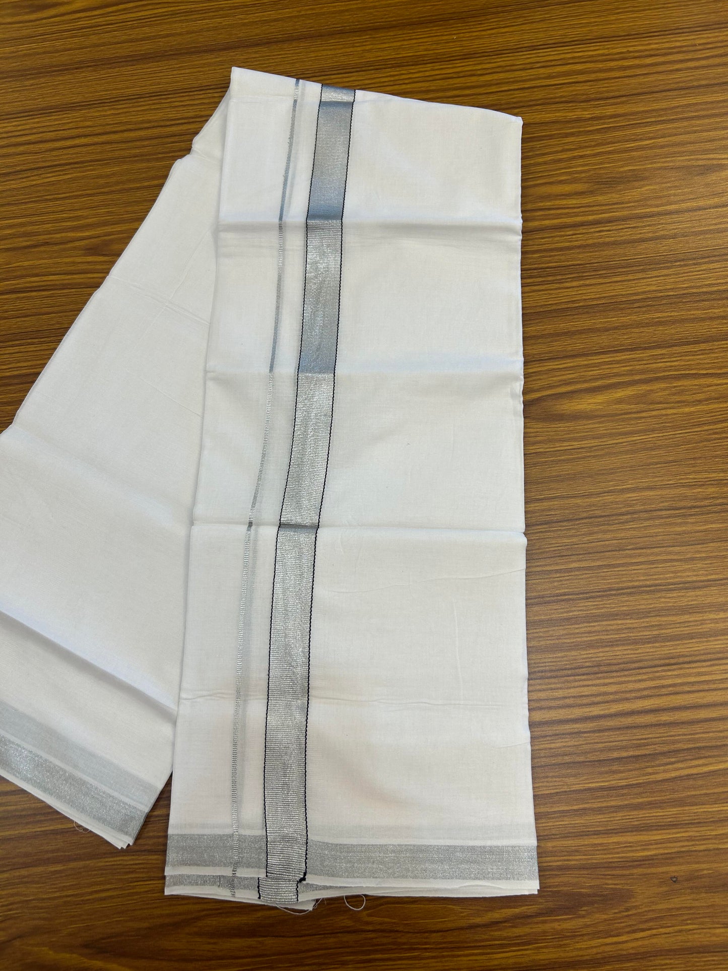 20% Discount! KaithariKada Balaramapuram 100% Cotton Double Pure white Mundu/Dhoti- 80s - 1 inch Silver Kasav & Black Kara - Between3.80-3.95m ( 8 muzham) - 5 KK5355 CKS