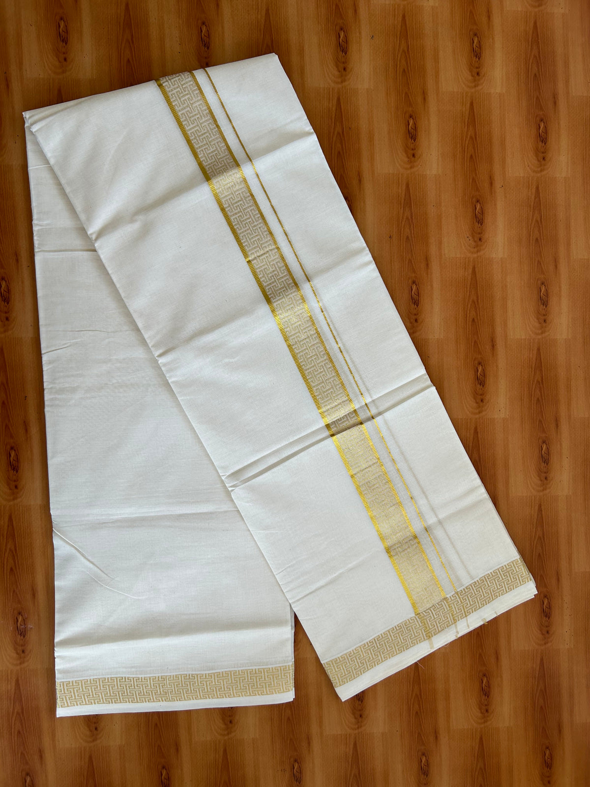 Double Off White (Unbleached) Mund/Dhoti - 20% Discount! KaithariKada Pulimood - Pure Cotton - 80s - 1.5 inch Gold Kasav Jacquard Design Kara 4 mtr (8.5 Muzham) - 9 KK5543 GAN