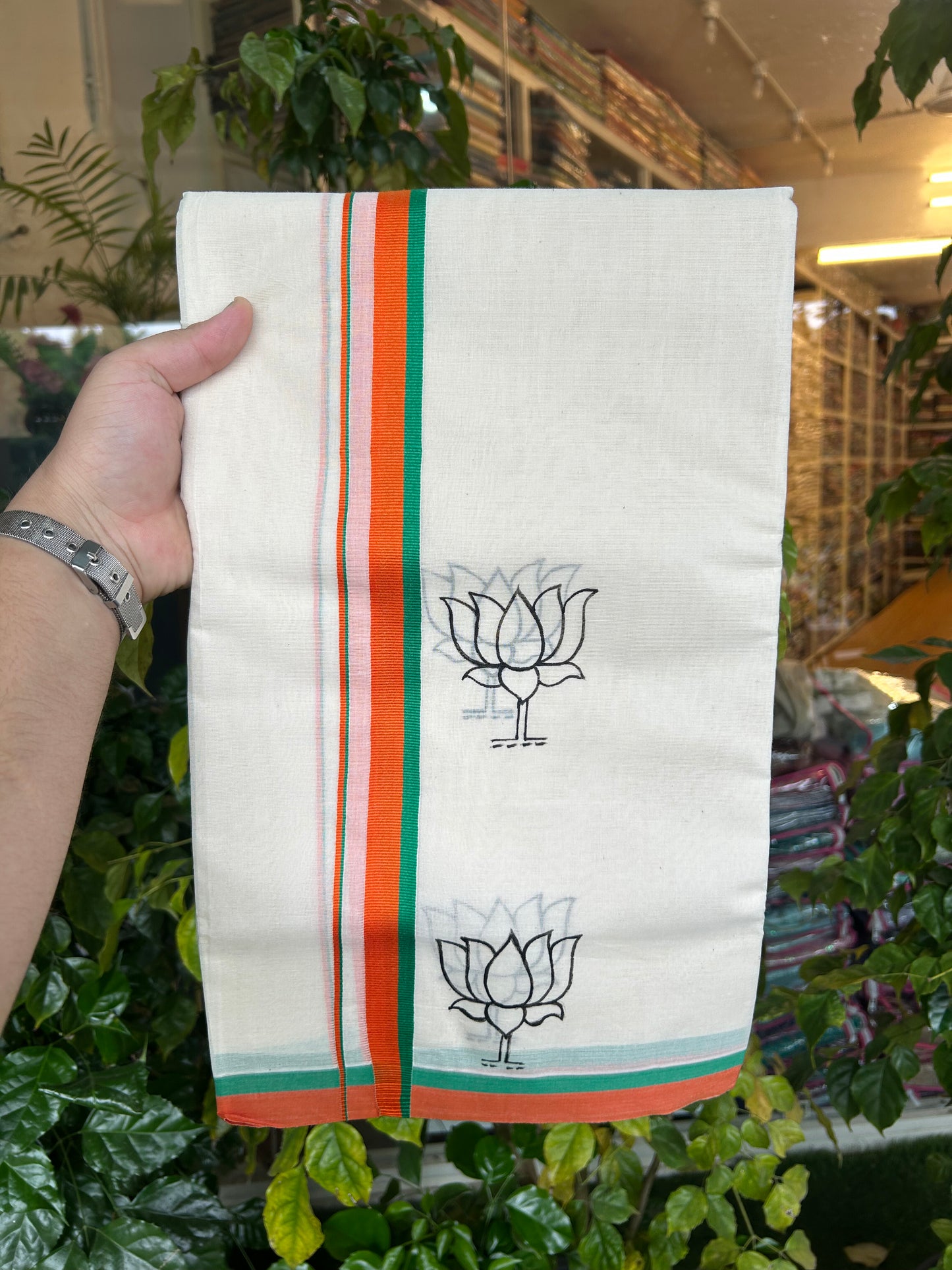 Bjp Veshti - KaithariKada 100% Cotton Off White Double - (Unbleached) Mundu/Dhoti - 100X80 - 0.75 inch Hand Painted Orange & Green Lotus Design Kara - 3 KK5326 ASH