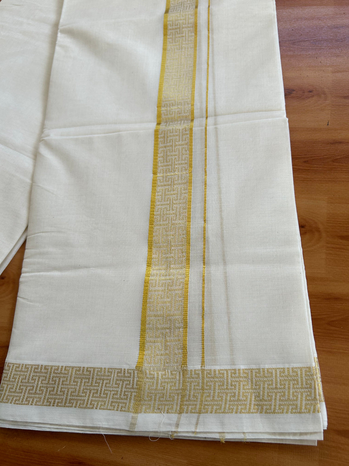 Double Off White (Unbleached) Mund/Dhoti - 20% Discount! KaithariKada Pulimood - Pure Cotton - 80s - 1.5 inch Gold Kasav Jacquard Design Kara 4 mtr (8.5 Muzham) - 9 KK5543 GAN