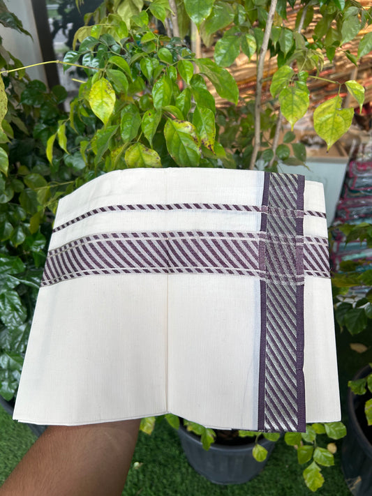 20% Discount ! KaithariKada Balaramapuram 100% Pure Cotton Single Off White Mundu/Dhoti - 30X70 - 1.5 inch Silver Kasav & Wine Purple Jacquard Design kara 2 mtr (4 Muzham) - 5 KK5327 CJT