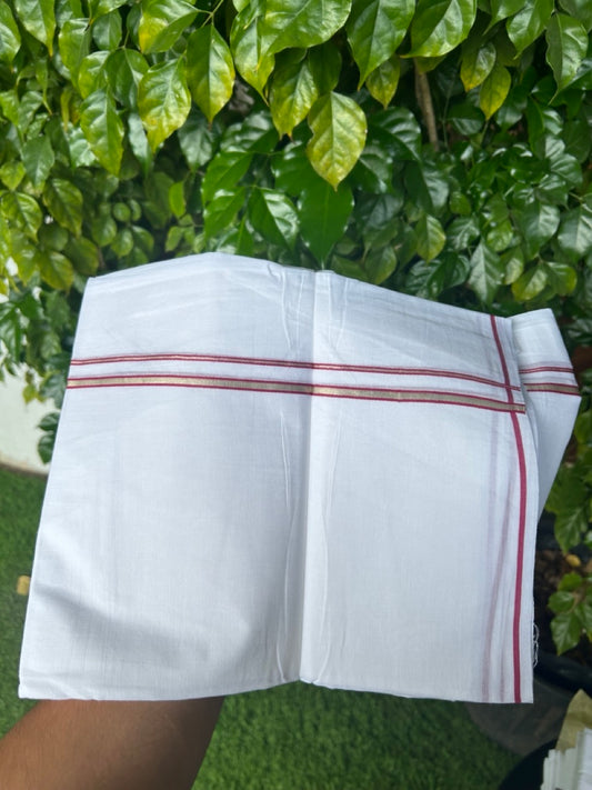 20% Discount ! Kaitharikada Balaramapuram 100% Cotton PURE WHITE Double Mundu/Dothi - 100x90 - 0.5 cm Magenta Silver Kasavu thin Kara - 63KK5217 CKS