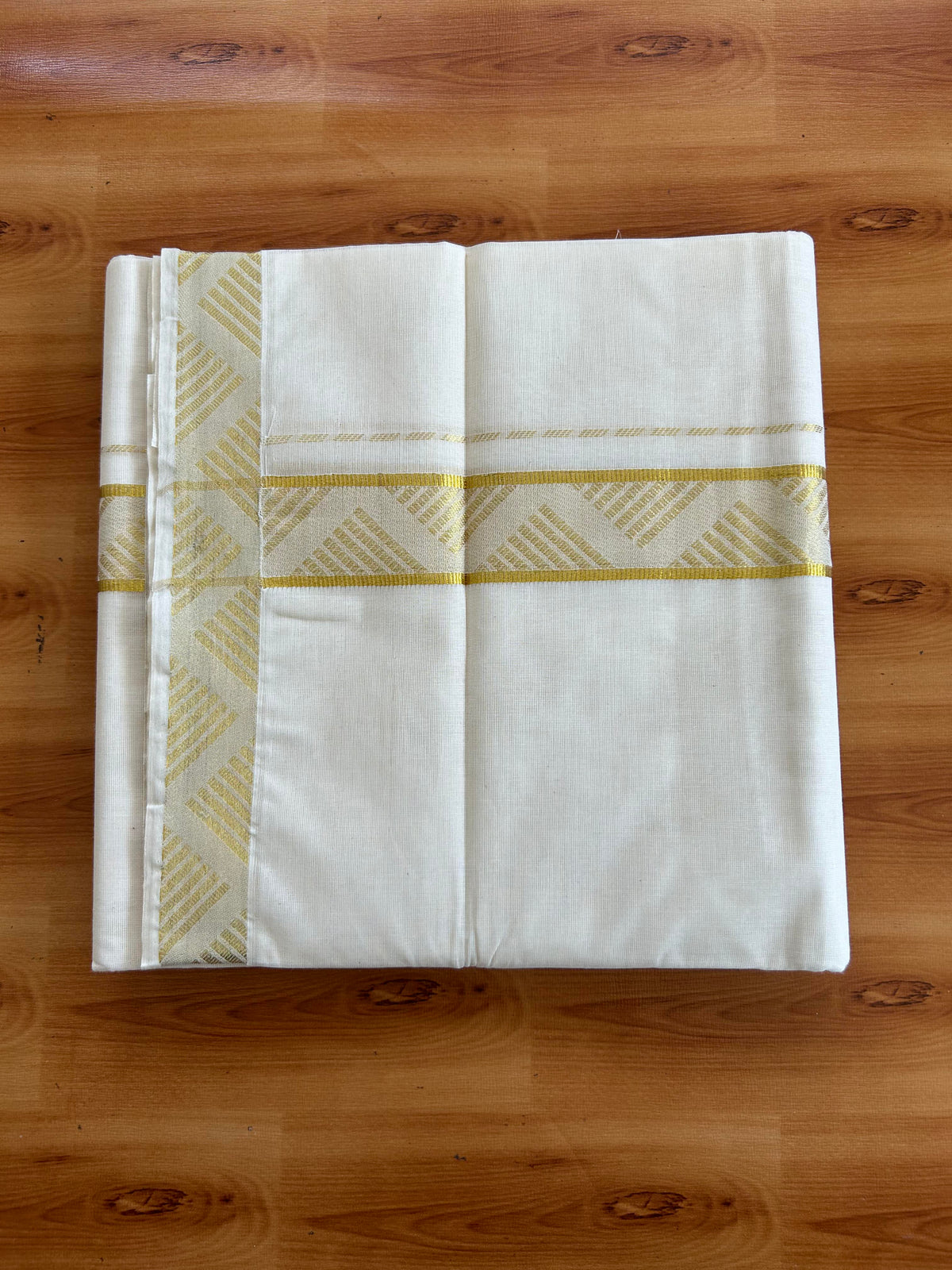 Double Off White (Unbleached) Mund/Dhoti - 20% Discount! KaithariKada Pulimood - Pure Cotton - 80s - 1.5 inch Gold Kasav Jacquard Design Kara 4 mtr (8.5 Muzham) - 10 KK5543 GAN