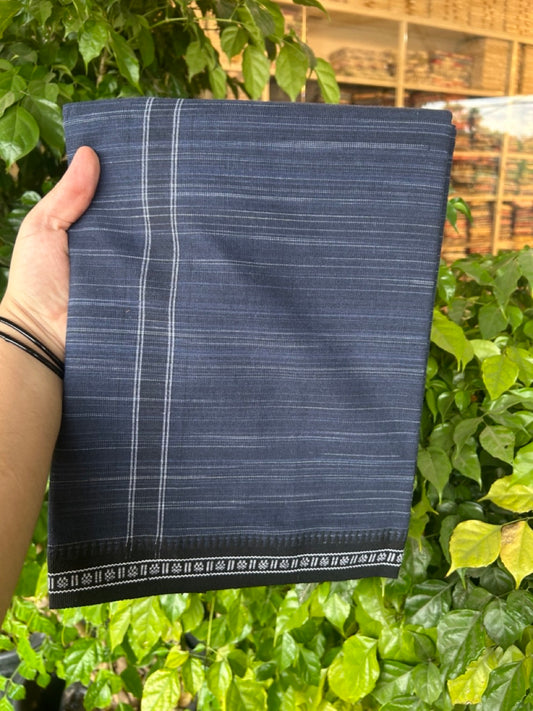 3% Discount!!! Kaitharikada Pure Cotton - Single Kaily / Lungi -  0.75 inch Blue kara with White Stripes & Navy Blue colour body Kuppadam Border (2 meter / 4 muzham) - 1KK8016AS