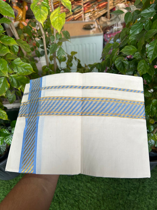 20% Discount ! KaithariKada Balaramapuram 100% Pure Cotton Single Off White Mundu/Dhoti - 30X70 - 1.5 inch Gold Kasav & Sky Blue Jacquard Design kara 2 mtr (4 Muzham) - 2 KK5327 CJT