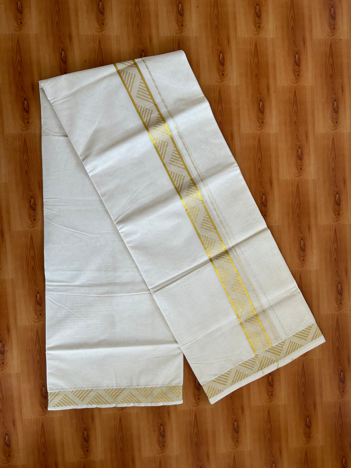 Double Off White (Unbleached) Mund/Dhoti - 20% Discount! KaithariKada Pulimood - Pure Cotton - 80s - 1.5 inch Gold Kasav Jacquard Design Kara 4 mtr (8.5 Muzham) - 10 KK5543 GAN