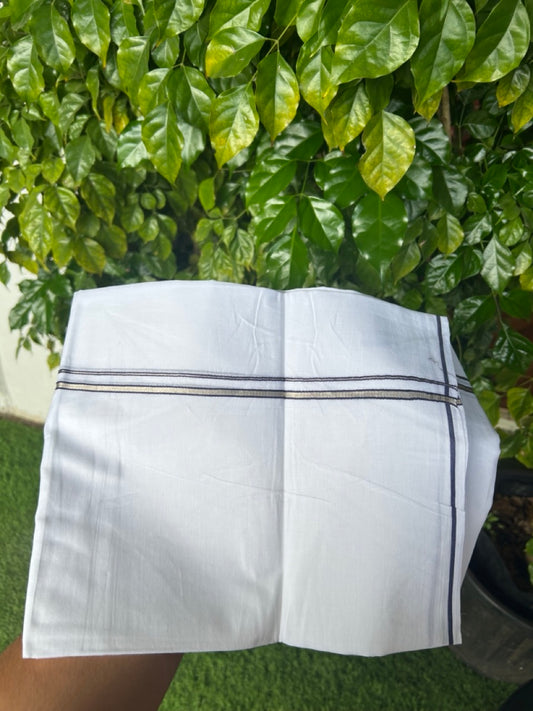 20% Discount ! Kaitharikada Balaramapuram 100% Cotton PURE WHITE Double Mundu/Dothi - 100x90 - 0.5 cm Navy Blue Silver Kasavu thin Kara - 66KK5217 CKS