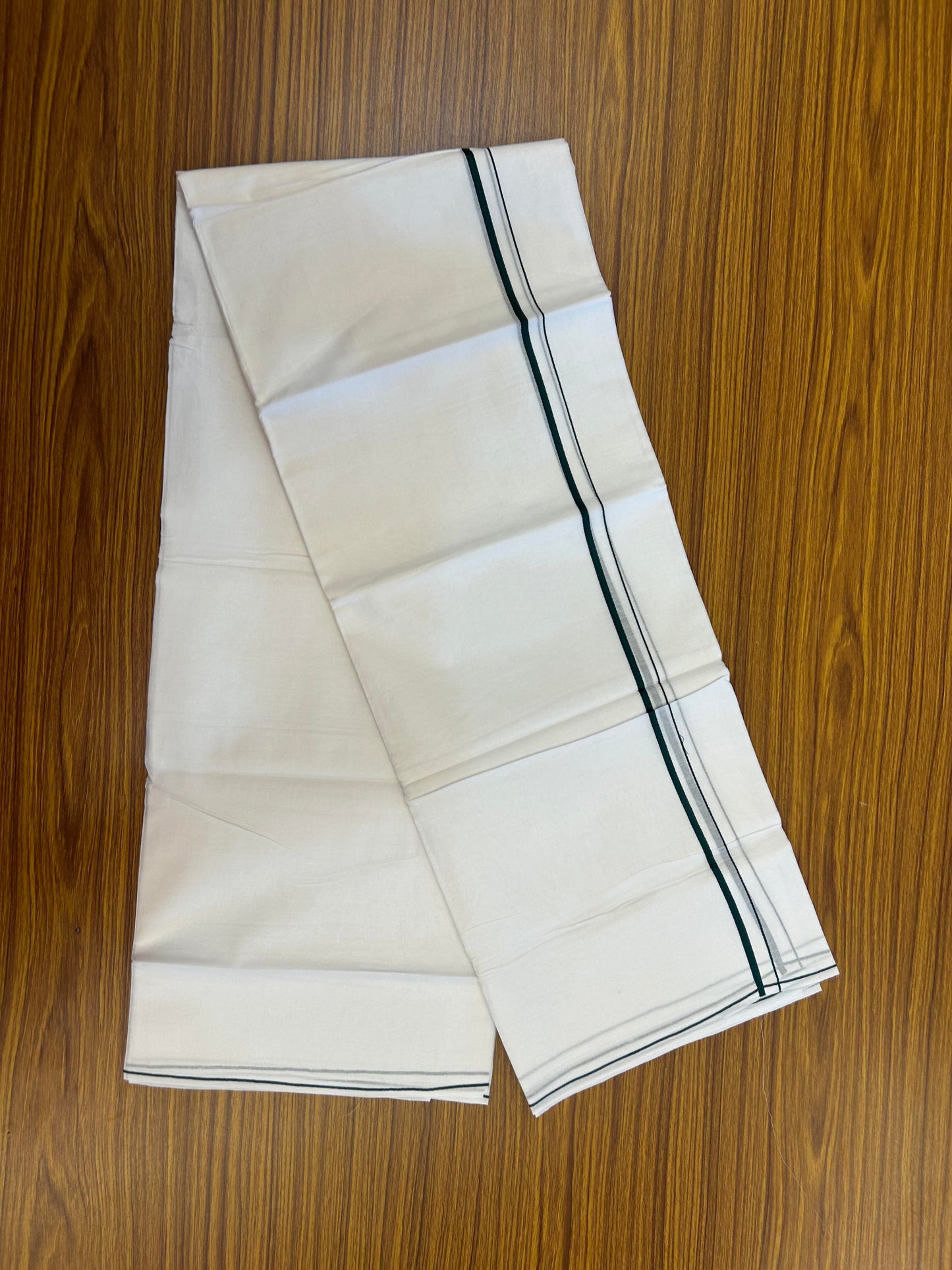 20% Discount! KaithariKada Balaramapuram 100% Cotton Double Pure white Mundu/Dhoti- 100X80 - 0.25 inch Dark Green Kara - Between3.80-3.95m (8 muzham) - 42 KK5355 CKS