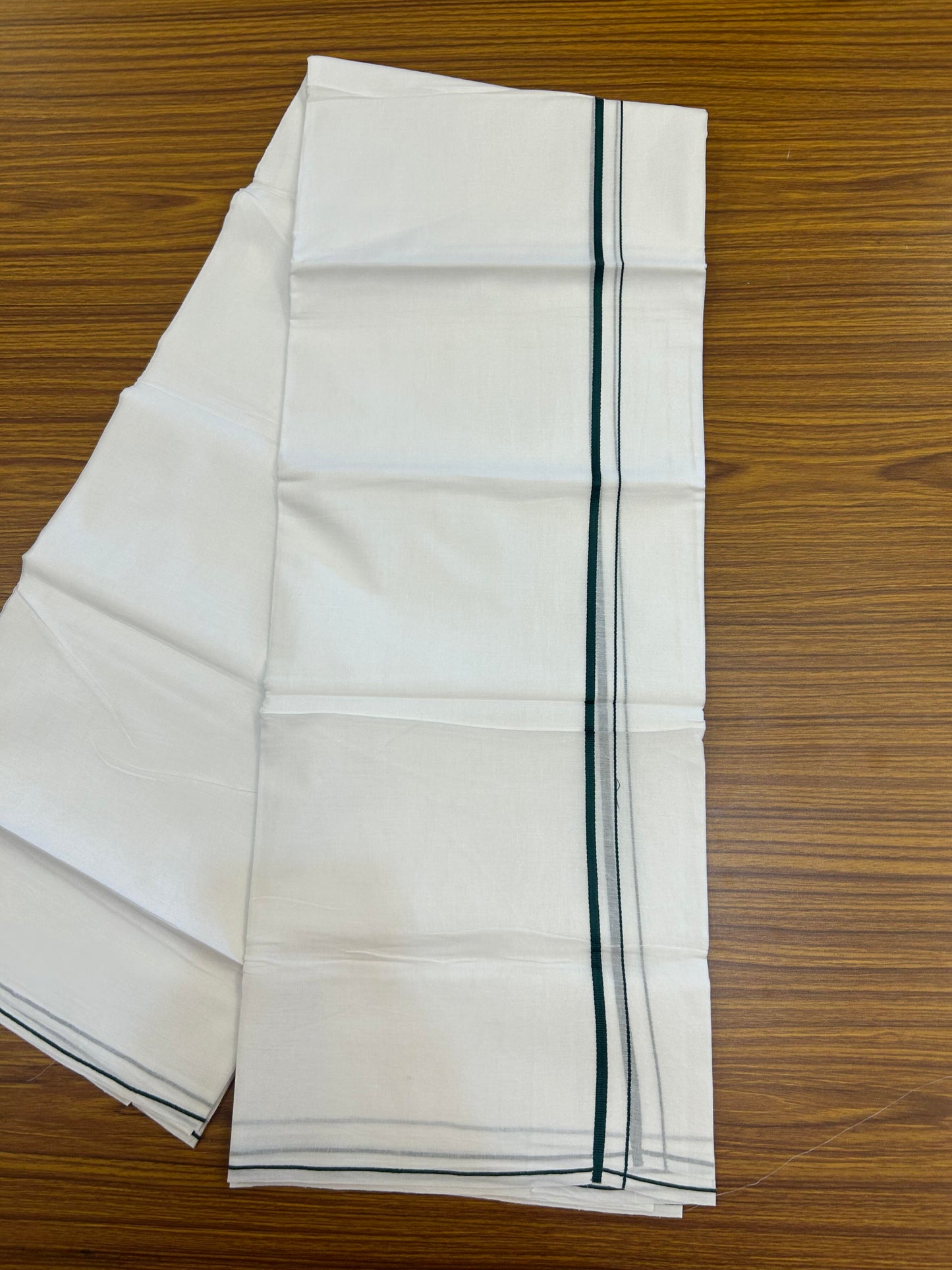 20% Discount! KaithariKada Balaramapuram 100% Cotton Double Pure white Mundu/Dhoti- 100X80 - 0.25 inch Dark Green Kara - Between3.80-3.95m (8 muzham) - 42 KK5355 CKS