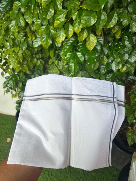 20% Discount ! Kaitharikada Balaramapuram 100% Cotton PURE WHITE Double Mundu/Dothi - 100x90 - 0.5 cm Ash Grey Silver Kasavu thin Kara - 59KK5217 CKS