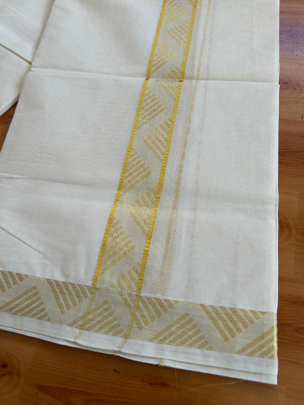 Double Off White (Unbleached) Mund/Dhoti - 20% Discount! KaithariKada Pulimood - Pure Cotton - 80s - 1.5 inch Gold Kasav Jacquard Design Kara 4 mtr (8.5 Muzham) - 10 KK5543 GAN