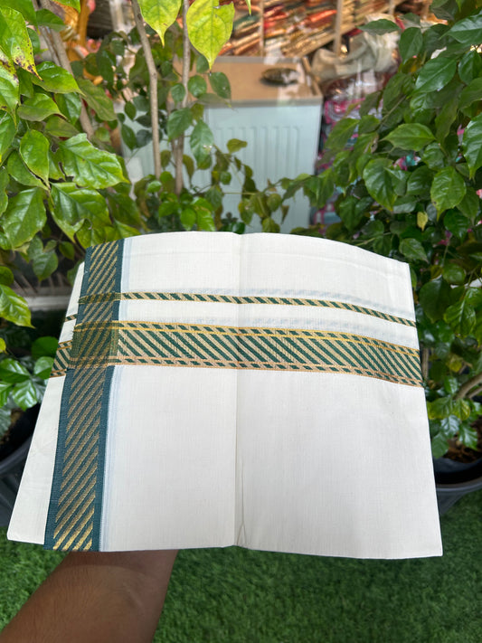 20% Discount ! KaithariKada Balaramapuram 100% Pure Cotton Single Off White Mundu/Dhoti - 30X70 - 1.5 inch Gold Kasav & Green Jacquard Design kara 2 mtr (4 Muzham) - 4 KK5327 CJT