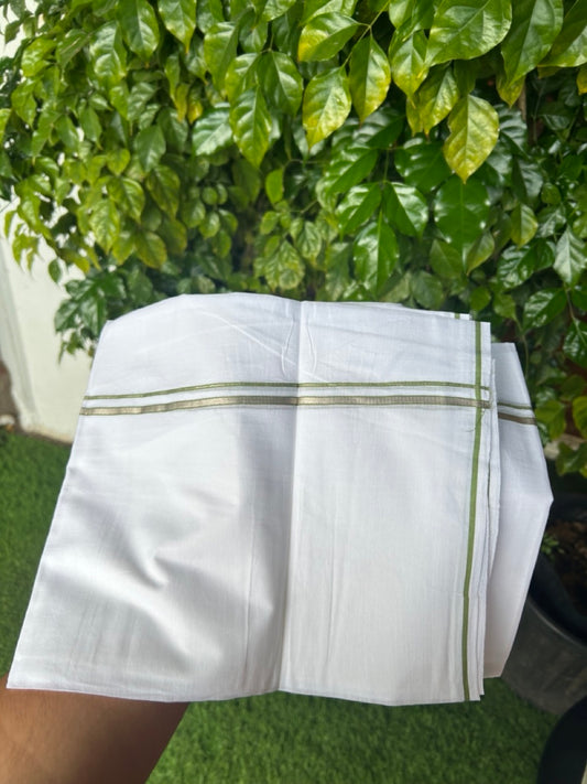 20% Discount ! Kaitharikada Balaramapuram 100% Cotton PURE WHITE Double Mundu/Dothi - 100x90 - 0.5 cm Parrot Green Silver Kasavu thin Kara - 60KK5217 CKS
