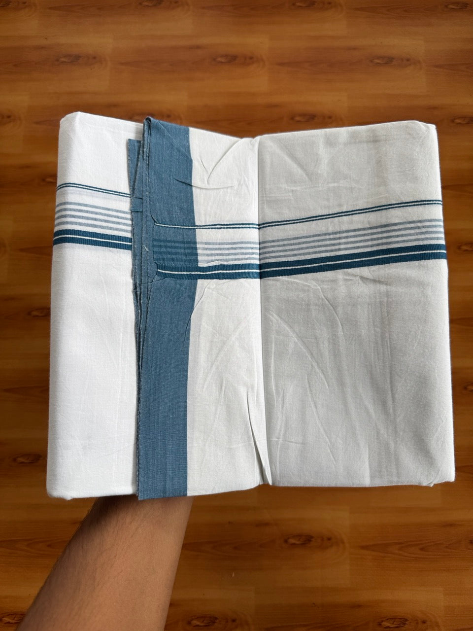 Pure White Double Mundu/Dhoti - 14% Discount ! Kaitharikada Pulimood 100% Cotton  - (40X40) - 1 inch Peacock Blue Striped Kara 4 mtr (8.5 muzham) - 1 KK5549 SKM
