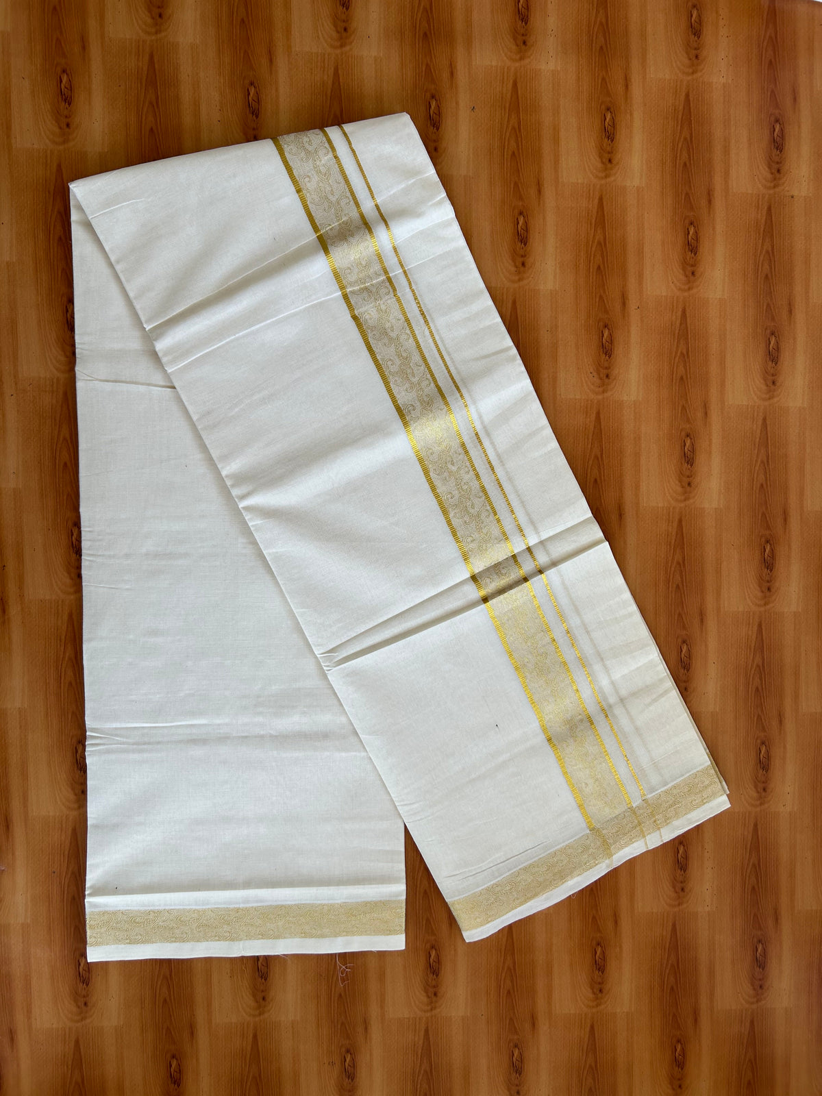 Double Off White (Unbleached) Mund/Dhoti - 20% Discount! KaithariKada Pulimood - Pure Cotton - 80s - 1.5 inch Gold Kasav Jacquard Design Kara 4 mtr (8.5 Muzham) - 7 KK5543 GAN
