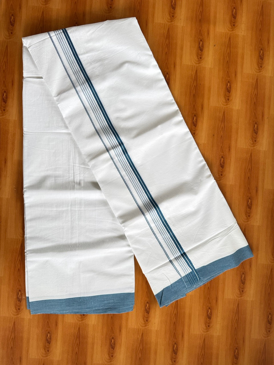 Pure White Double Mundu/Dhoti - 14% Discount ! Kaitharikada Pulimood 100% Cotton  - (40X40) - 1 inch Peacock Blue Striped Kara 4 mtr (8.5 muzham) - 1 KK5549 SKM