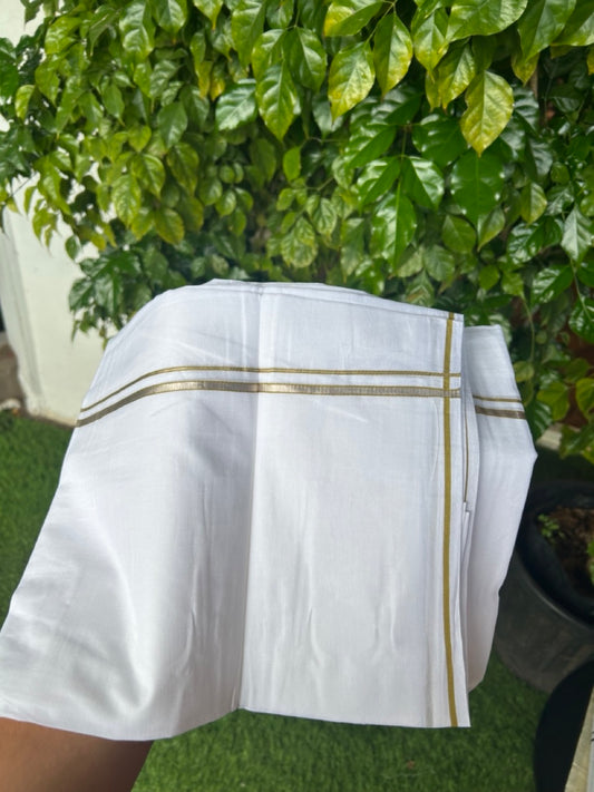 20% Discount ! Kaitharikada Balaramapuram 100% Cotton PURE WHITE Double Mundu/Dothi - 100x90 - 0.5 cm Olive Yellow Silver Kasavu thin Kara - 79KK5217 CKS