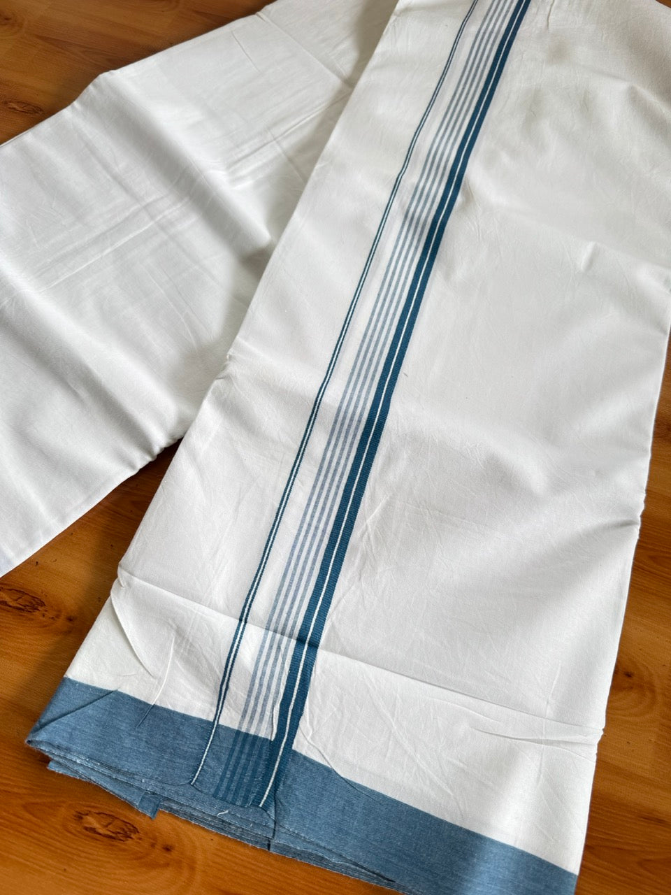 Pure White Double Mundu/Dhoti - 14% Discount ! Kaitharikada Pulimood 100% Cotton  - (40X40) - 1 inch Peacock Blue Striped Kara 4 mtr (8.5 muzham) - 1 KK5549 SKM