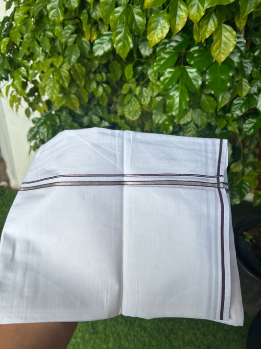 20% Discount ! Kaitharikada Balaramapuram 100% Cotton PURE WHITE Double Mundu/Dothi - 100x90 - 0.5 cm Wine Purple Silver Kasavu thin Kara - 80KK5217 CKS