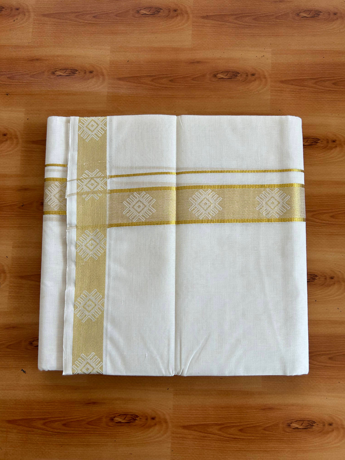 Double Off White (Unbleached) Mund/Dhoti - 20% Discount! KaithariKada Pulimood - Pure Cotton - 80s - 1.5 inch Gold Kasav Jacquard Design Kara 4 mtr (8.5 Muzham) - 8 KK5543 GAN