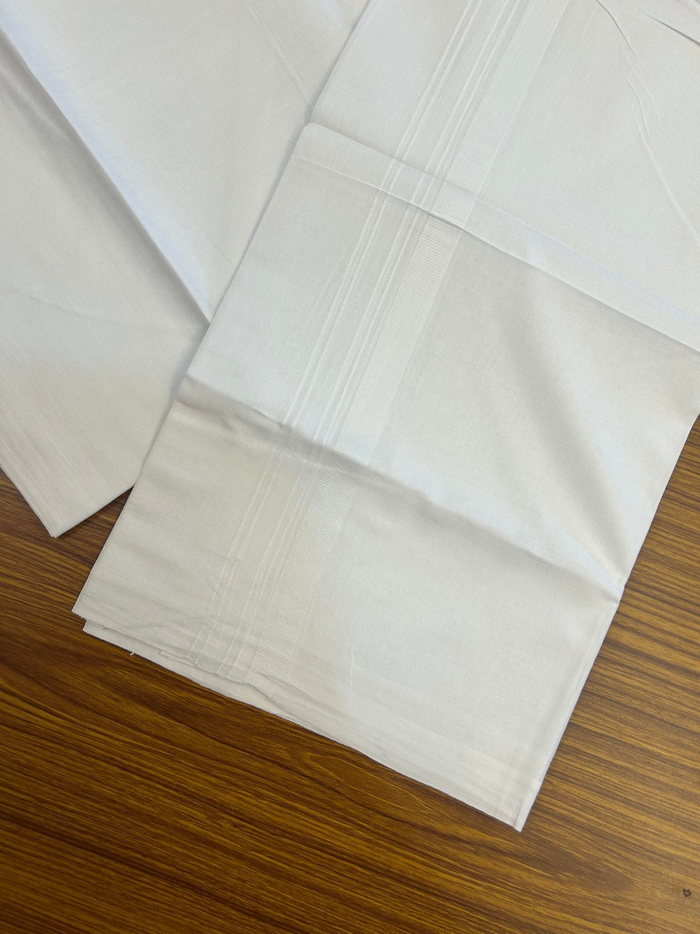 20% Discount! KaithariKada Balaramapuram 100% Cotton Double Pure white Mundu/Dhoti- 60s - 1.25 inch White Stripes Kara - Between3.80-3.95m (8 muzham) - 52 KK5355 CKS