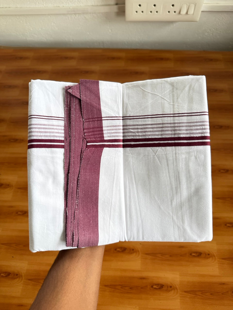 Pure White Double Mundu/Dhoti - 14% Discount ! Kaitharikada Pulimood 100% Cotton  - (40X40) - 1 inch Purple Wine Striped Kara 4 mtr (8.5 muzham) - 2 KK5549 SKM